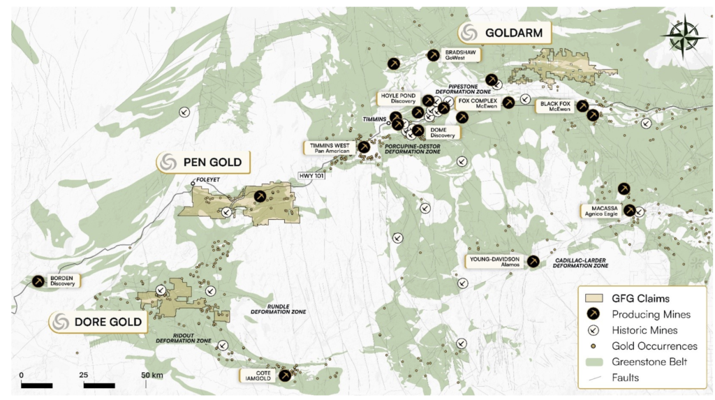 Barrick تراهن على أحد مشروعات GFG للذهب في منطقة تيمينز الكندية – المصدر: GFG Resources. والخريطة بالفعل تعرض مشروعات الشركة إقليميًا داخل نطاق Timmins Gold District.</em خريطة مشروعات GFG للذهب في منطقة تيمينز الكندية – المصدر: GFG Resources. والخريطة بالفعل تعرض مشروعات الشركة إقليميًا داخل نطاق Timmins Gold District.